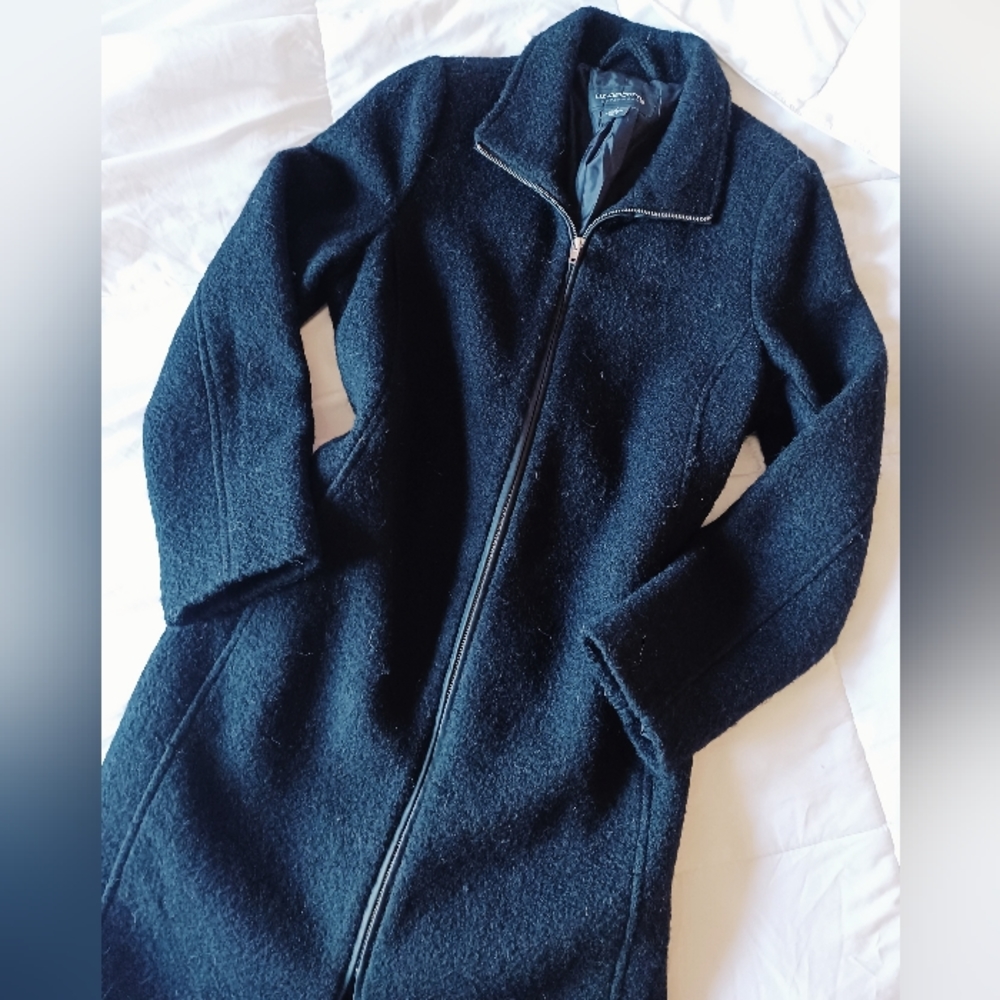 Liz Claiborne Wool Blend Long Zip Up Single Breasted Collared Coat Black Tunic
